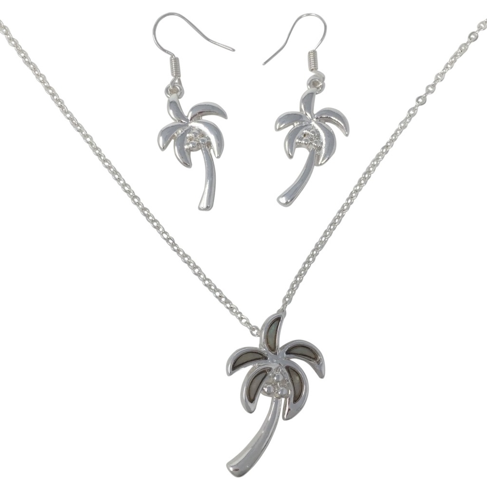 Palm Tree Mother of Pearl Inlay Pendant Silver Tone Necklace & Earrings Set